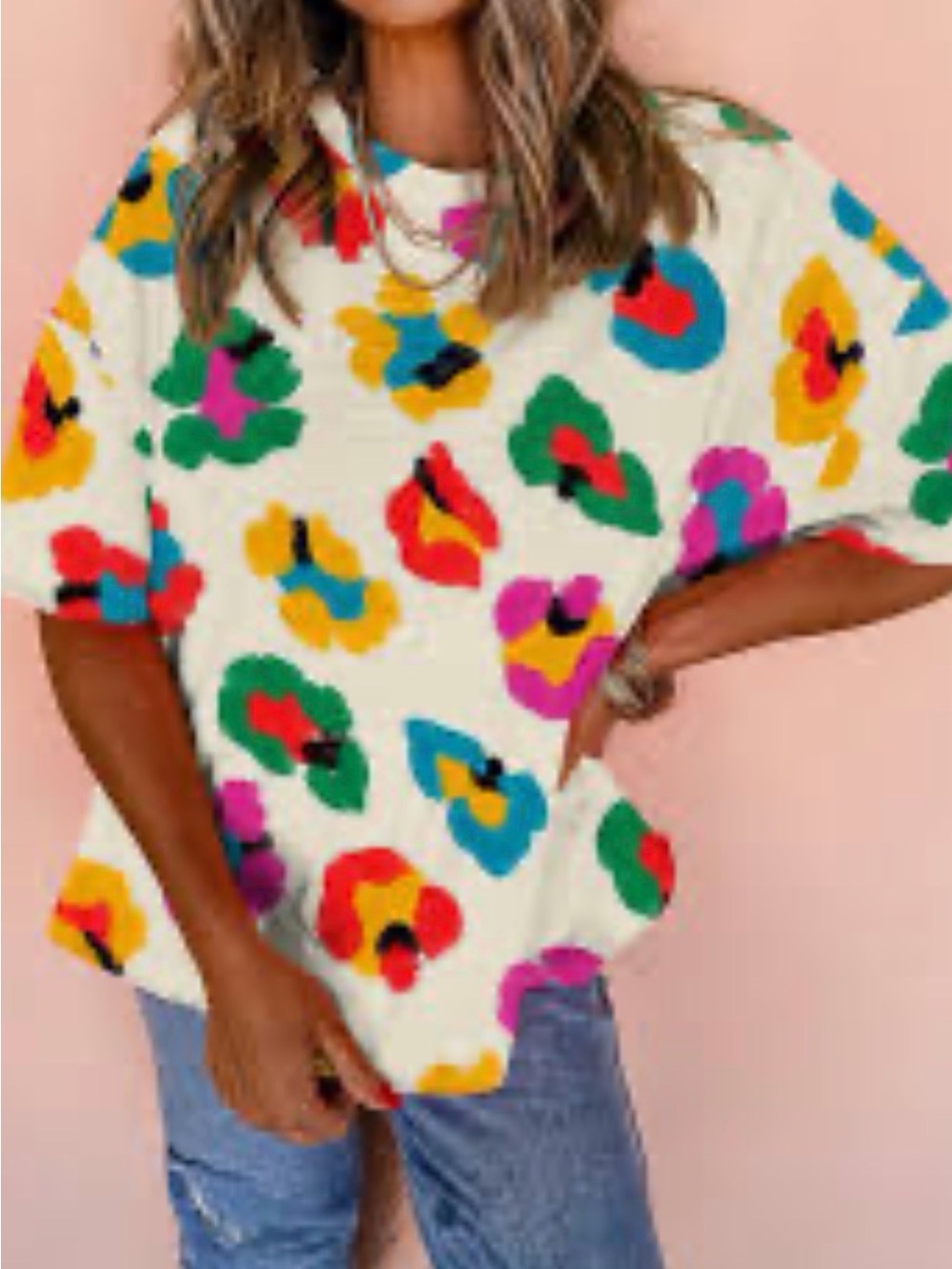 Apricot Leopard Drop Shoulder Loose Tee Women’s Multicolor Abstract Print Tee